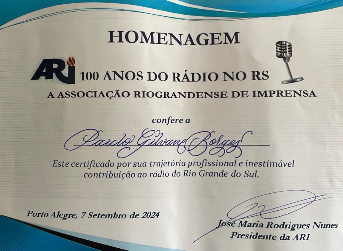 Diretor geral do Grupo Radioweb é homenageado pelos 100 anos do rádio no RS